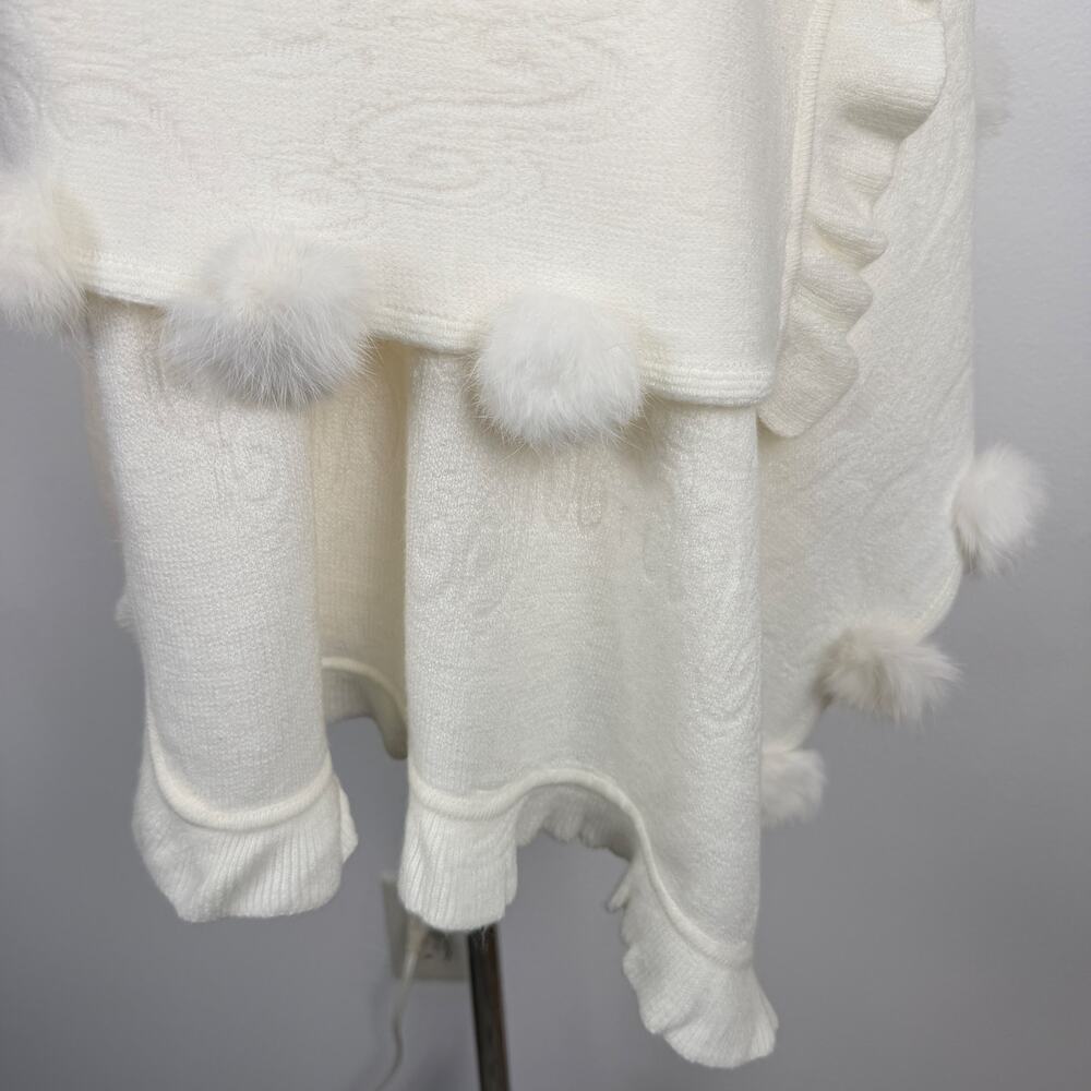 La Fiorentina White Knit Shawl Wrap Rabbit Fur Pom Pom Trimmed Long Scarf Angora - Picture 4 of 13